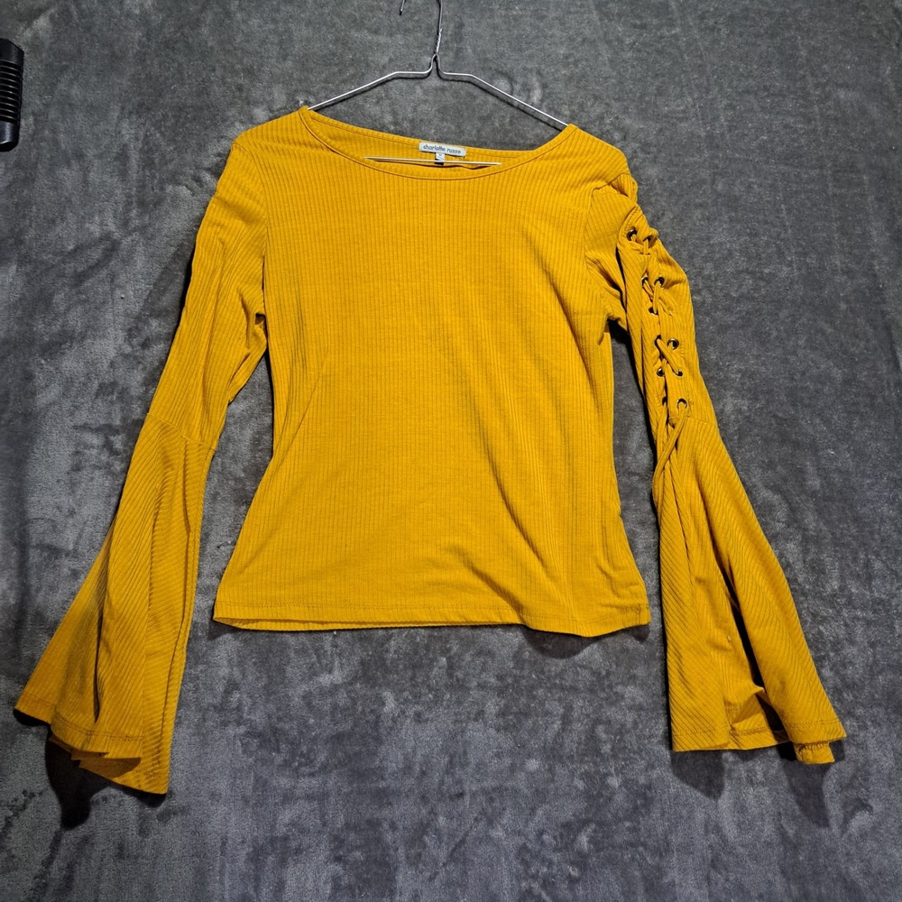 Charlotte Russe Mustard Yellow Boho Ribbed Lace Up Bell Sleeve Top Womens Medium